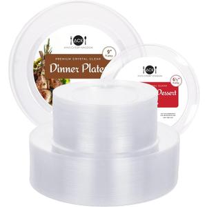 Aya's Cutlery Kingdom 100 Clear Plastic Plates for Party, Heavy Duty Disposable Set of 50 Dinner and 50 Dessert Plates, Elegant Fancy Design for Weddings, Parties, and Special Events