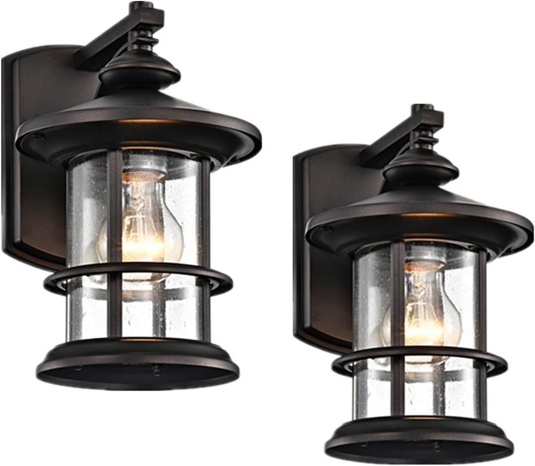 MICSIU 2 Pack Outdoor Wall Light, 10 Inch Oil Rubbed Bronze Exterior Wall Sconces, Vintage Farmhouse Porch Lights with Clear Seedy Glass, Hardwired Outside Lanterns for Front Door, Garage, ETL Listed