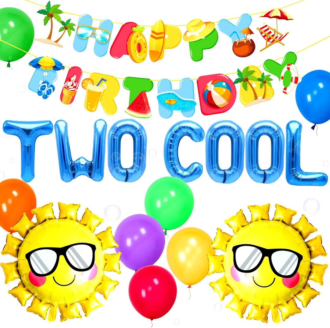 JeVenis Two Cool Beach Party Birthday Decoration - Blue, Green, Yellow, Red Beach Cartoon Balloons & Banner - 2nd Birthday Party Pack