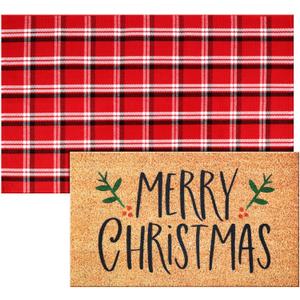Duraaamo 2 Pcs Merry Christmas Outdoor Doormat Christmas Welcome Coir Doormat Rug Layered Red White Buffalo Plaid Mat for Front Porch Entryway