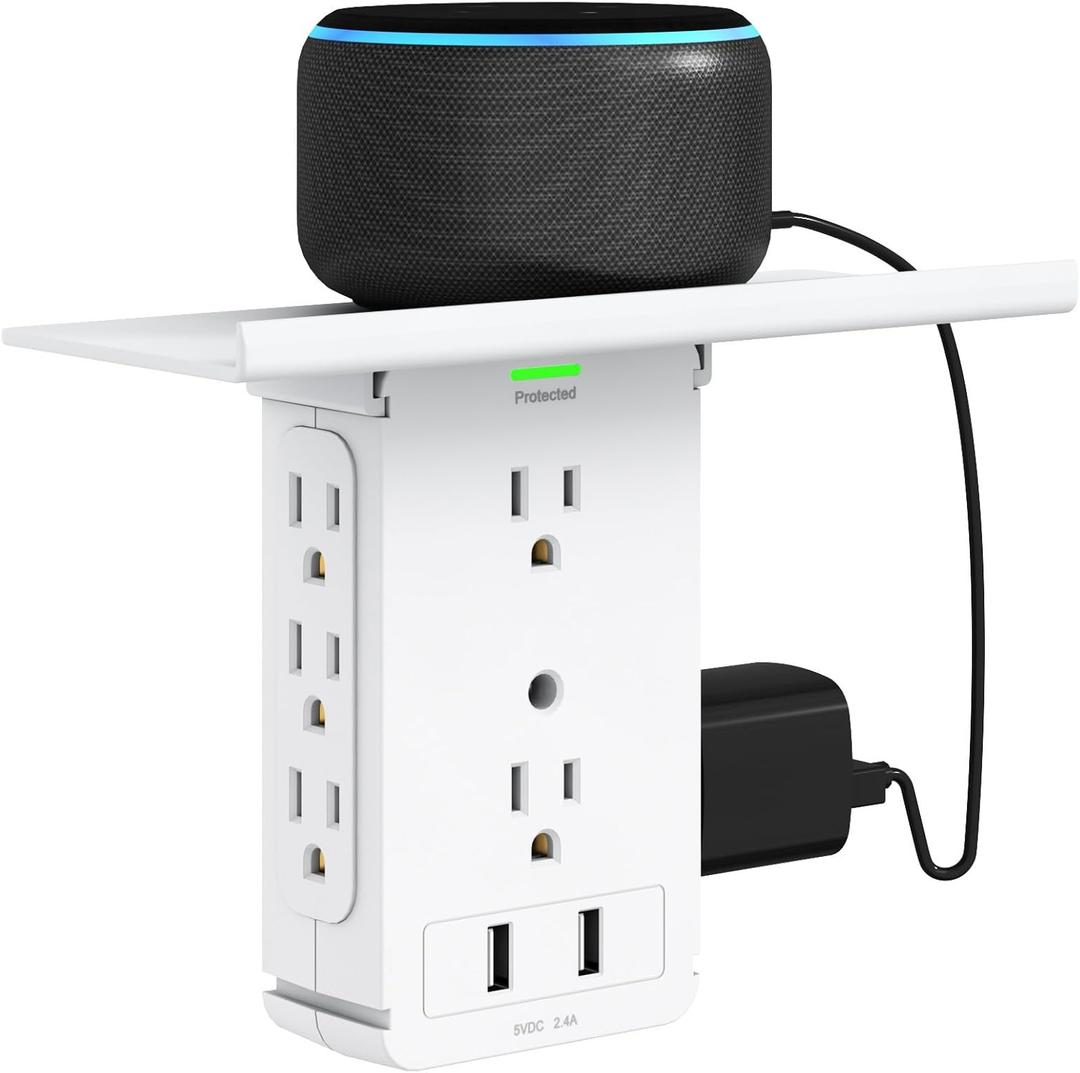 Socket Wall Shelf-CFMASTER 10 Port Surge Protector Wall Outlet, 8 Electrical Outlet Extenders and 2 USB Ports 2.4A, with Removable Built-In Shelf, FCC Listed (1, White)