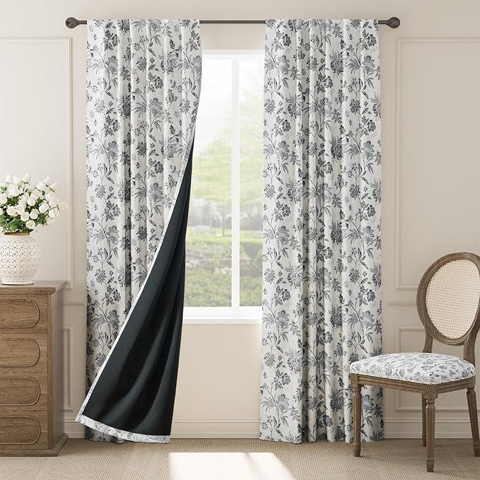 Jinchan Blackout Floral Curtains for Bedroom, 84 Inches Long Printed Flower Black Out Curtains, French Country Back Tab Window Treatment Farmhouse Drapes Set 2 Panels Black