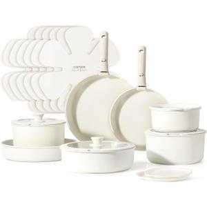 CAROTE 21pcs Pots and Pan Set, Nonstick Induction Cookware Detachable Handle,Cookware Set with Removable Handle (21pcs Cream White)