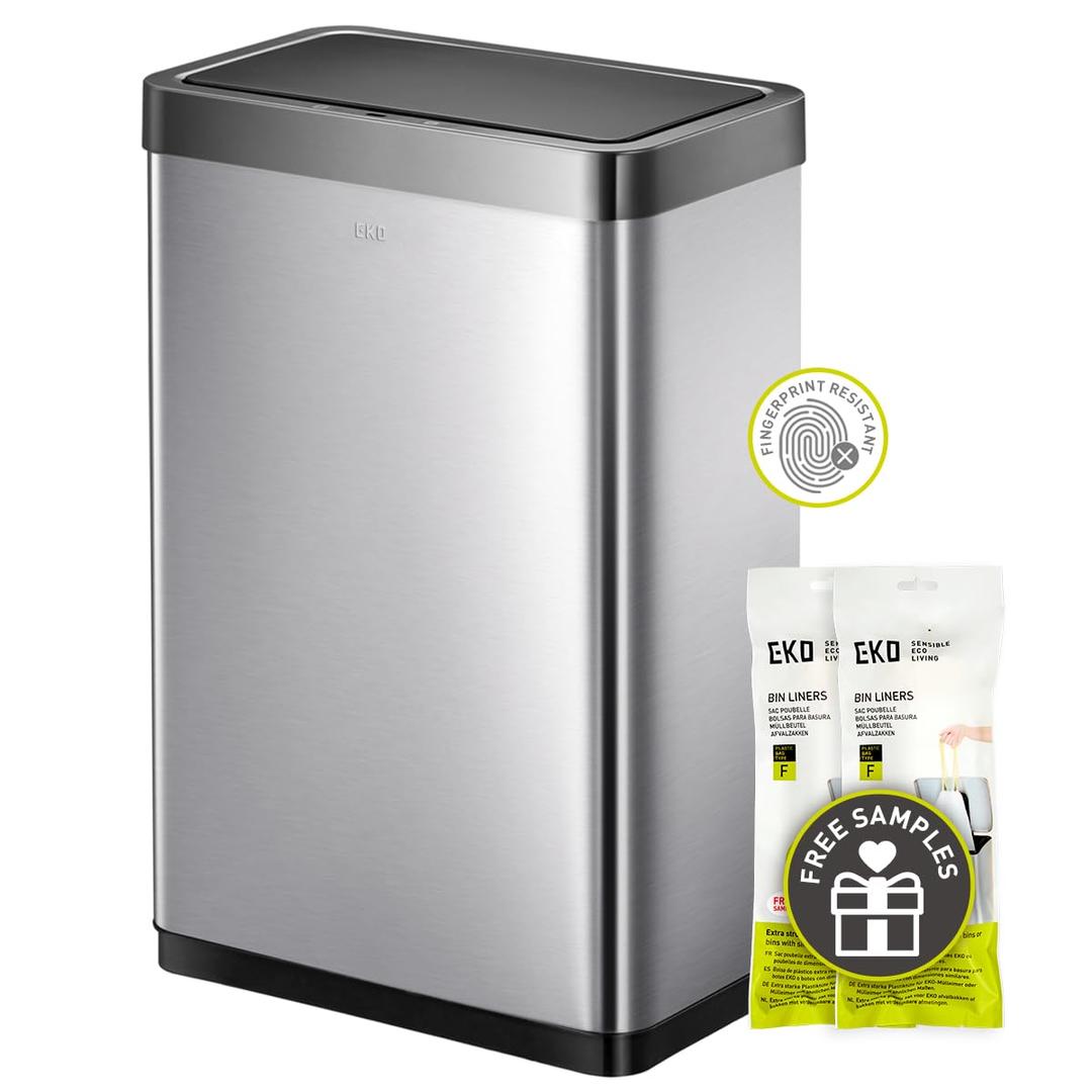 EKO Mirage-X 47 Liter / 12.4 Gallon Touchless Rectangular Motion Sensor Trash Can with Removable Liner, Brushed Stainless Steel Finish (47 Liter with Liner)