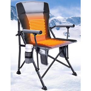 Heated Camping Chair for Adults, Heats Back and Seat, 3 Heat Levels, Fully Padded Heated Folding Chair for Outdoor Sports with Cup Holder, Rich Pockets, Battery NOT Included (Grey)