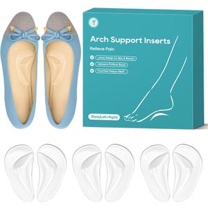 Arch Support Inserts Women, Plantar Fasciitis High Arch Support Shoe Inserts, Gel Arch Pads for Flat Feet, Reusable Adhesive Shoe Insoles for Relieve Pressure and Feet Pain - 3 Pair