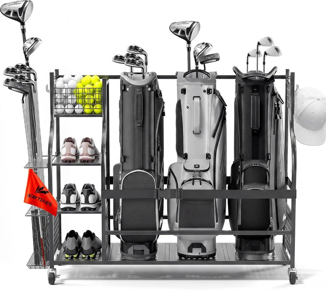 Golf Bag Storage Rack for Garage, Heavy Duty Golf Organizer with 3-Tier Storage Shelf, Golf Club Stand Holder for 2-3 Bags, Balls, Shoes & Accessories, Metal Golf Equipment Storage Organizer, 3-Bag Capacity