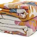 MSGKV Boho Throw Blanket for Bed 100% Cotton Throw Floral Couch Blanket 80''x90'', Spring Breathable Travel Muslin Blanket for Women Home Decor
