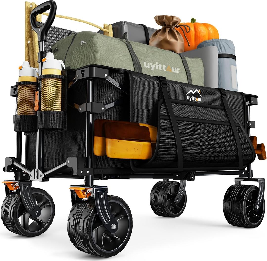 Collapsible Wagon Cart Heavy Duty Foldable, Folding Beach Wagon with Big Wheels for Sand, Utility Grocery Cart with Side Pocket and Brakes for Camping Sports Outdoor Activities, Black