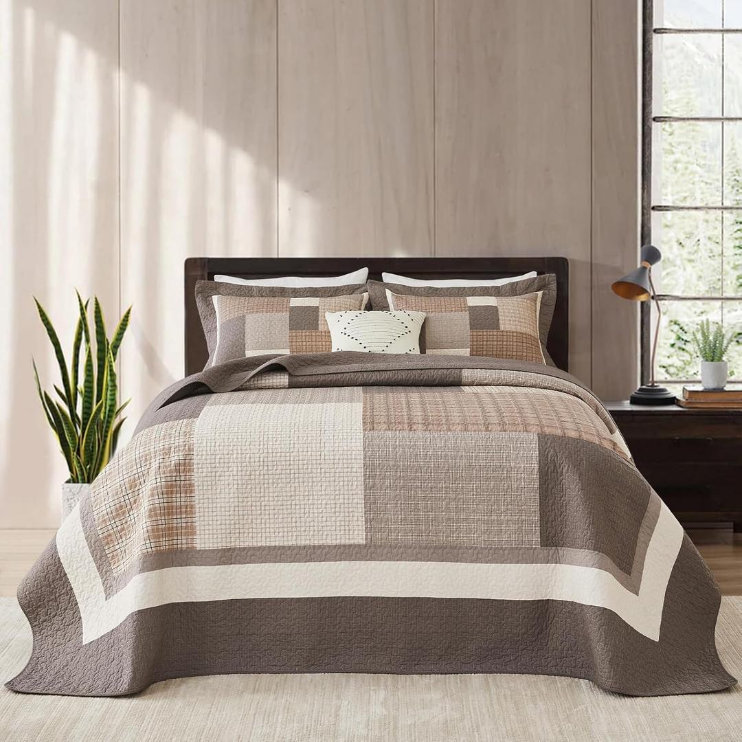 Finlonte Oversized King Bedspread 128"x120" - 100% Cotton Lightweight Quilted Coverlet Set, Reversible Rustic Plaid Bedding, Farmhouse Patchwork Super King Quilt for All Seasons, Brown/Beige/Taupe