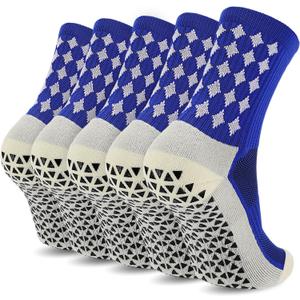 Ultrafun 5 Pairs Mens Grip Soccer Socks Non Slip Cushioned Crew Football Sports Socks (Blue)