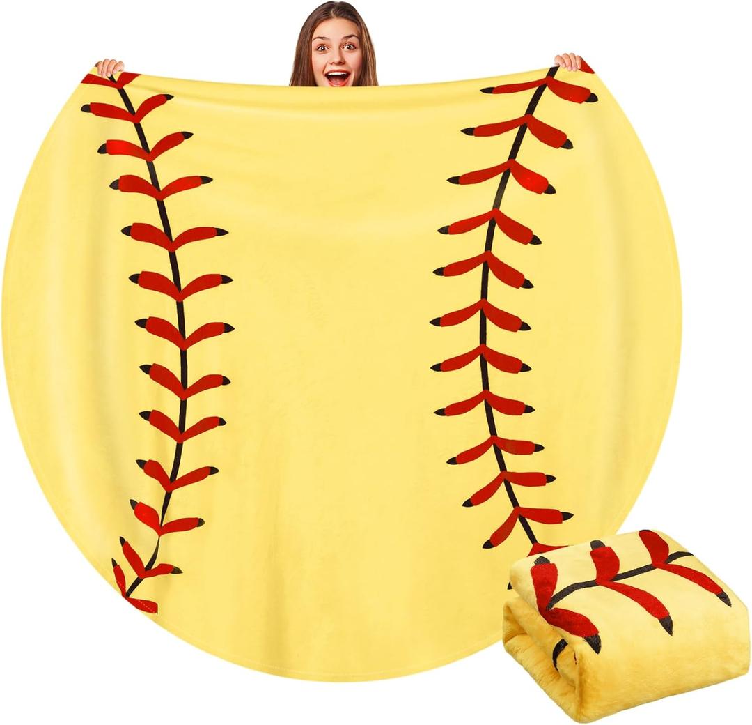 60" Round Sports Throw Blanket for Teens Adults Soft Flannel Baseball Softball Tennis Soccer Baseketball Volleyball Novelty Blanket for Sports Fan Birthday Senior Night Gift(Softball)
