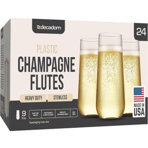 DECADORN Clear Stemless Champagne Flutes Plastic 24 Pack, Made in USA, 9oz Plastic Champagne Glasses - Durable and Sturdy Mimosa Glasses For Parties - Shatterproof, Recyclable, BPA-Free, Smooth Rims