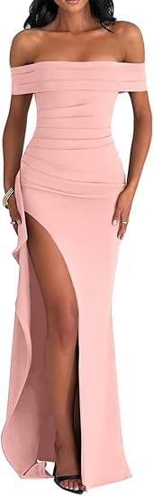 LAGSHIAN Women's Elegant Bodycon Off Shoulder Ruched Split Hem Long Formal Basic Evening Dress Black (Pink, L)
