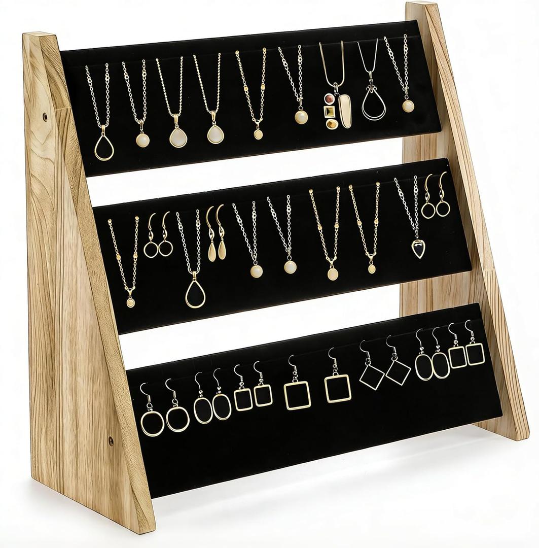 3 Tier Necklace Display Stand, Wood Necklace Holder Organizer with Velvet, 72 Slot Tabletop Jewelry Stand Storage for Selling Bracelets Earring, Home Store Trade Show