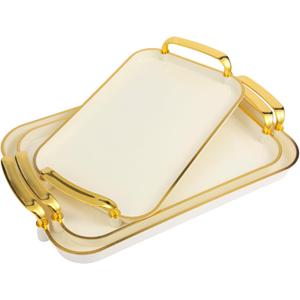 Serving Tray with Handles Set of 3 Rectangular Large Serving Platters 16.5/14.9/13.2 Inch White Plates for Dinner, Party, Entertaining, Cream Gold