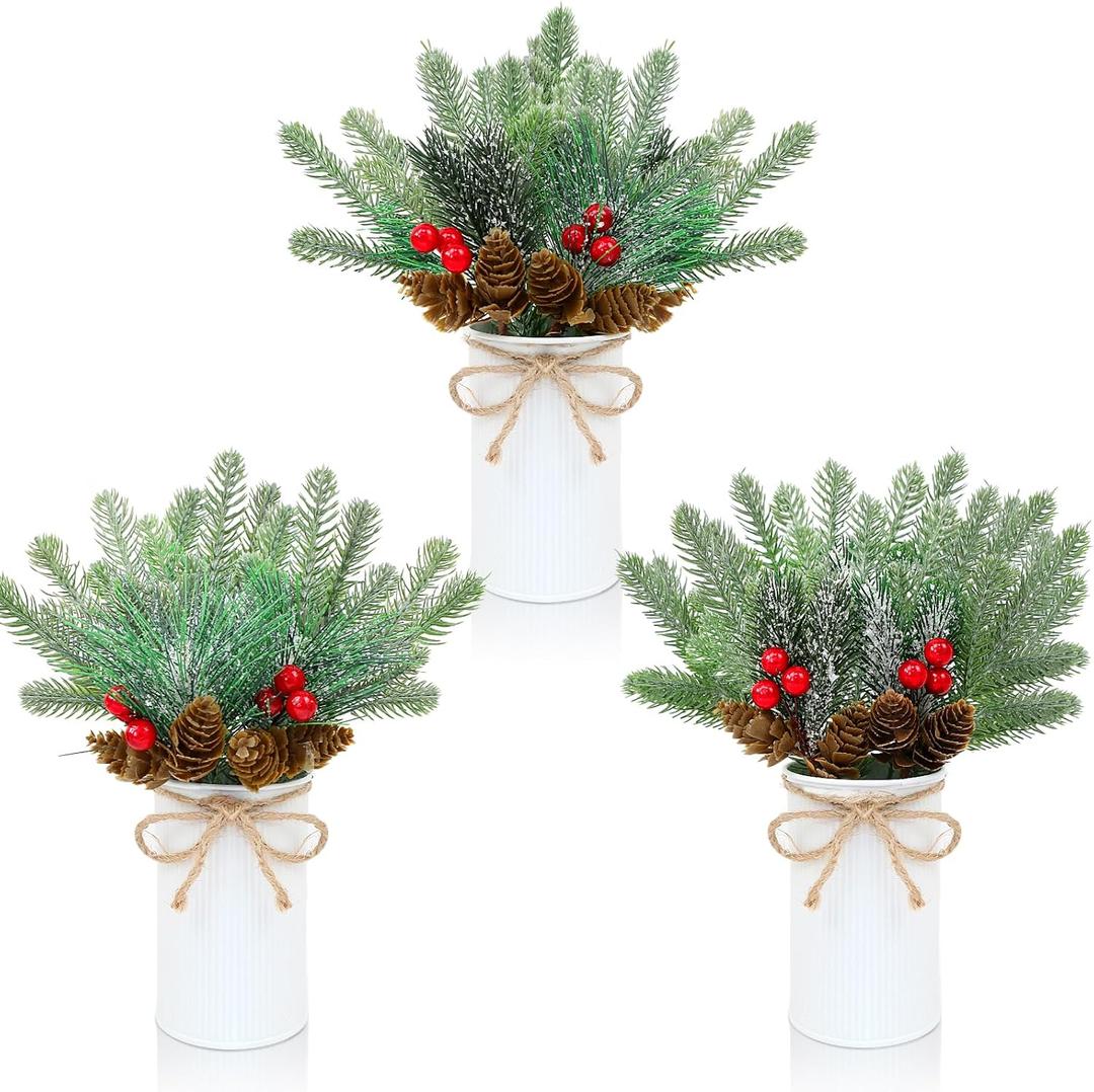 Christmas Table Centerpiece Set of 3 - Artificial Pine Branches Tabletop Decorations Small Christmas Faux Greenery Stems Snowy Arrangements with Cones Berries for Farmhouse Winter Home Decor