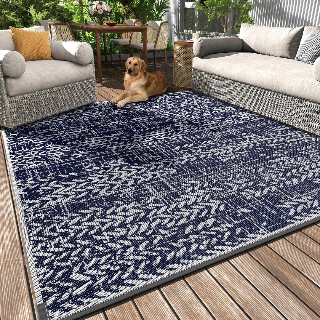 Outdoor Rug Waterproof-Patio Rug Mat 6x9 Outdoor Carpet Reversible RV Camping Picnic Plastic Straw Rug Outside Rug for Balcony Deck Backyard Patio Boho Modern Blue