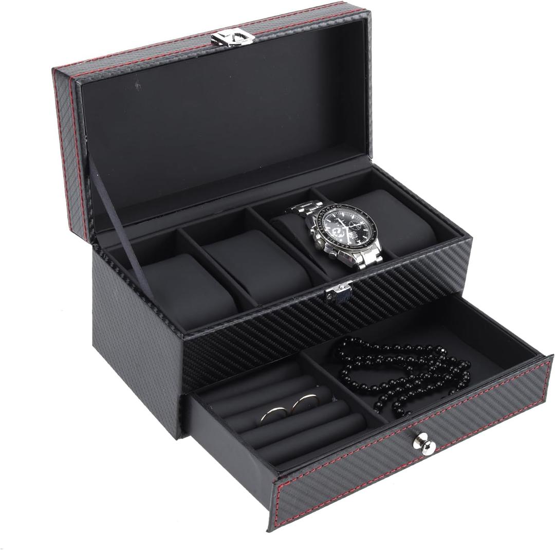 NovelBee Double-Layer 4 Slots Watch Boxes with 2 Grids Jewelry Display Organizer Case for Women and Men Watch Jewelry Earring Rings Bracelets Storage (Black)