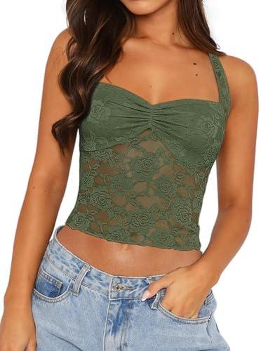 REORIA Lace Tops for Women Halter Sexy Going Out Tank Crop Y2K Fashion Top 2025 Trendy, Green, S
