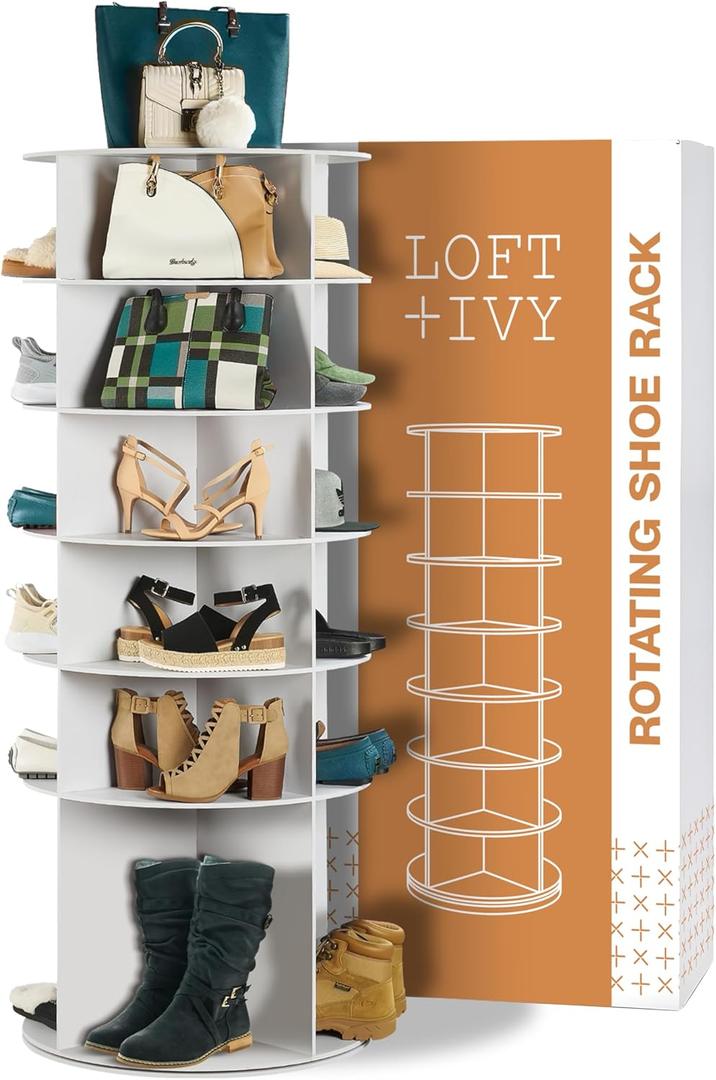 LOFT + IVY 7 Tier Rotating Shoe Rack Tower  360 Spinning Storage Organizer, Modern Round Shoe Carousel for Closet, Entryway, Bedroom  Space Saving Rotating Lazy Susan Storage Tower (Off White)