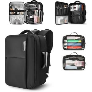 Barber Bag with 2 Pouches, Professional Hairstylist Travel Backpack with Adjustable Dividers, Hairdresser Hair Tools Bag with Insulated Pocket, Cosmetology Bags for Supplies, Water-resistant, Black