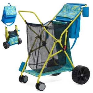 Beach Cart with Big Wheels for Sand, Collapsible All-Terrain Beach Wagon with Cooler Bag & Umbrella Holder, Large Mesh Storage, Supports 100lbs for Camping, Outdoor, Shopping, Blue