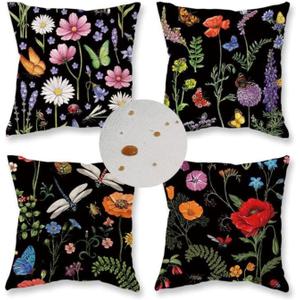 ONWAY Outdoor Waterproof Spring Summer Pillow Covers 16x16 Inch Set of 4 Floral Farmhouse Throw Pillows Decorative Cushion Cases for Outdoor Couch Sofa Patio Furniture Home Decoration Black