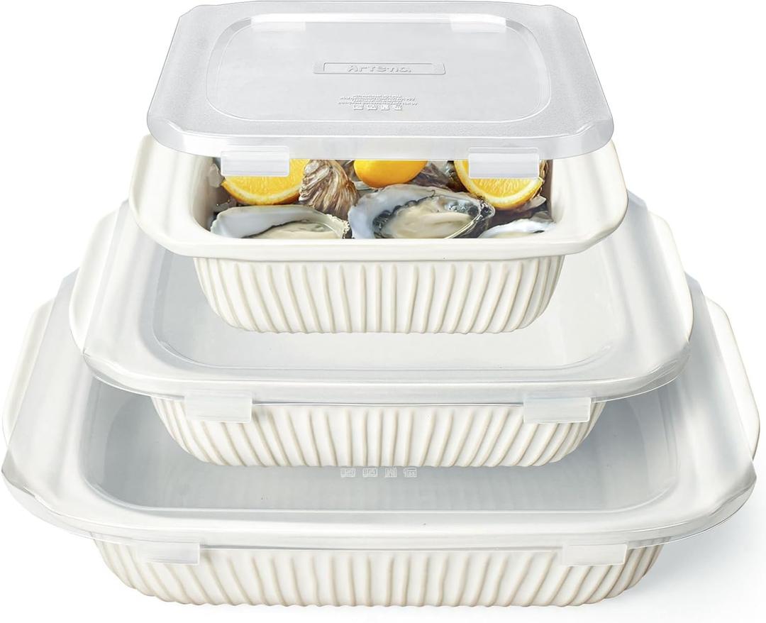 Artena Casserole Dishes For Oven, Ceramic Baking Dish, Large Lasagna Pan With Handles, Baking Pan Casserole Dish, Rectangular Bakeware Deep, White, Set Of 3 (5.1Qt/2.3Qt/1.1Qt) (Baking Dish With Lids)