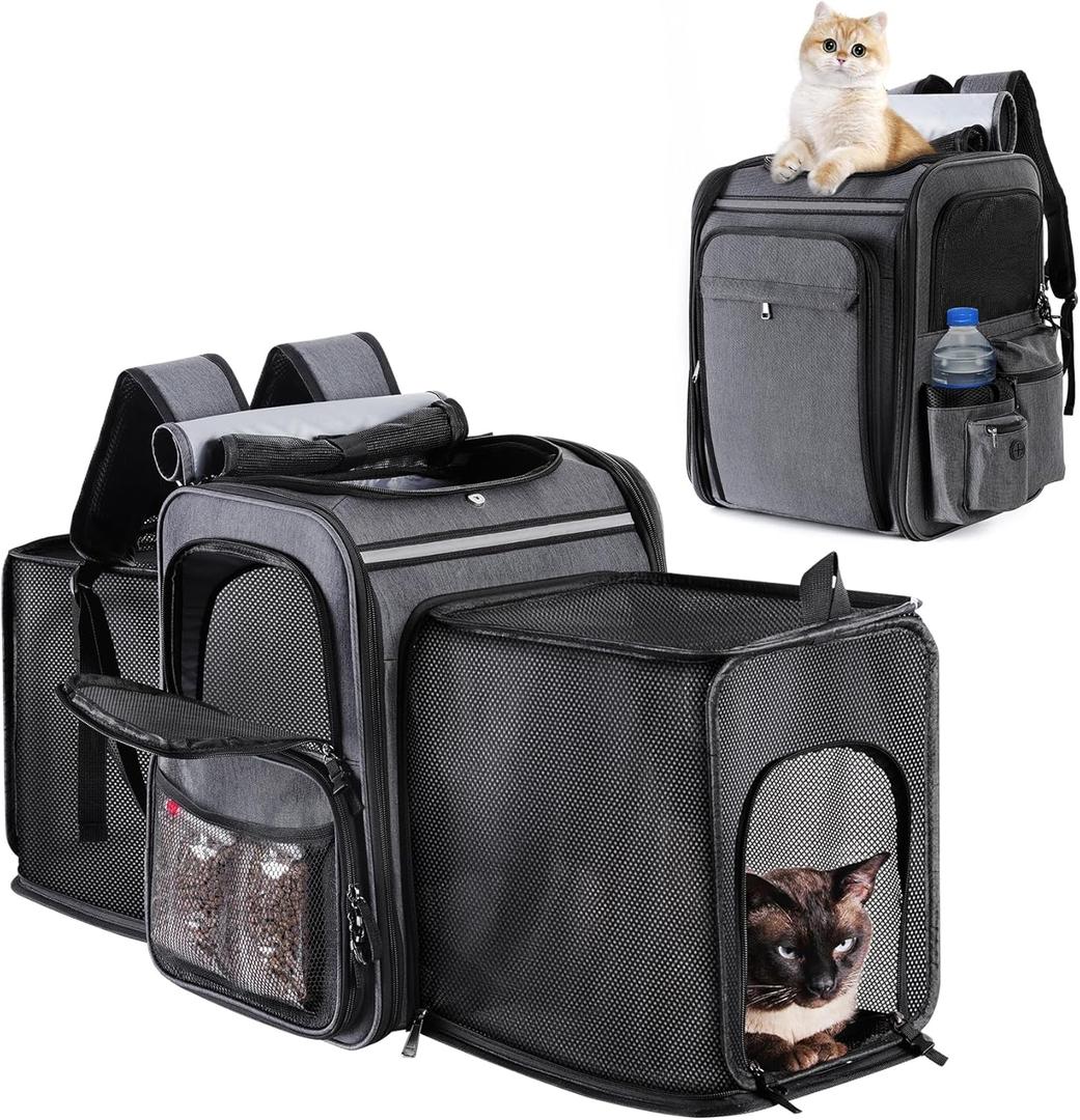 Cat Backpack Carrier,Double Side Expandable Cat Carrier Backpack,Dog Carrier Backpack for Medium Cats and Small Dogs,Puppies Up to 20 Lbs,Pets Carrier Backpack with Breathable Mesh(Grey)