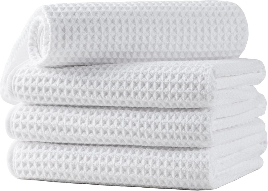 Microfiber Waffle Hand Towels, 4 Pieces, Soft, Absorbent, Fast Drying, Lint Free 430 GSM (White)