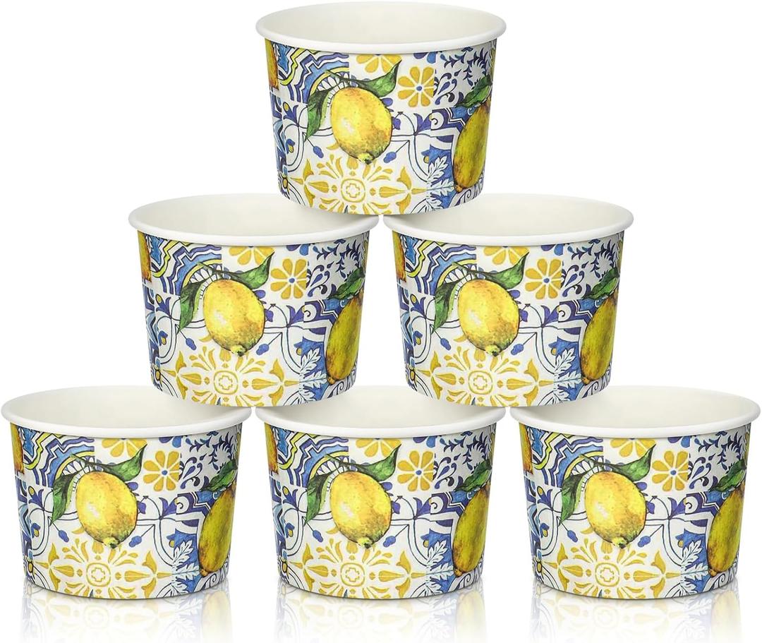 50 Pcs Capri Lemon Party Decorations Amalfi Coast Treat Snack Cups 8oz Blue Tiles Yellow Lemon Citrus Fruit Disposable Paper Summer Bowls Dessert Cups for Mediterranean Party Birthday Bridal Shower