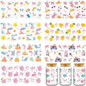 AFRITEE UV DTF Cup Wraps - 8 Sheets Pink Summer Dresses Stickers Uvdtf Tumbler Wrap for 16 oz Glass Cups, Coquettte Bows Beach Ice Cream Pineapple Transfer Decals DIY Water Bottle Creative Decoration