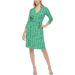 Jessica Howard Women's 3/4 Sleeve Collared V-Neck A-line Mini Dress (8 Petite, Green)