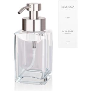 Foaming Soap Dispenser with Stainless Steel Pump, 12oz Refillable Glass Liquid Dish Soap Bottles for Bathroom, Kitchen Sink, Home Decor
