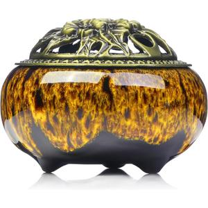 Incense Burner with Calabash Incense Stick Holder - Porcelain Charcoal Censer for Use with Resin Granular Powder Cone or Coil Incense (Kiln-Colored Yellow)