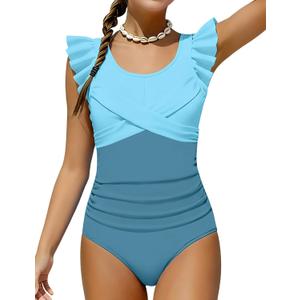 Girls Swimsuit One Piece Ruffle Trim Swimwear Criss Cross Girls Bathing Suit for 6-14 Years (Blue1)