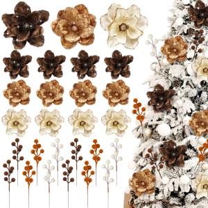 24 Pcs Christmas Ornaments 5.5'' Velvet Magnolia Flower for Christmas Tree 6.3'' Spheres Ball Pick Stem Artificial Magnolia Flower for Xmas Tree Decor (Beige,Brown,Dark Brown)