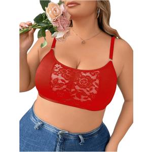SOLY HUX Bras for Women Plus Size Floral Lace Wireless Bra Bralette Plain Red 2XL
