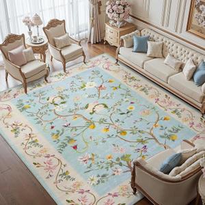 jinchan Floraison 8x10 Area Rugs Floral Washable Carpet Indoor Non Slip Soft Chinoiserie Stain Restistant Large Low Pile Boho Design Rug for Living Room Bedroom Dining Room Blue/Pink