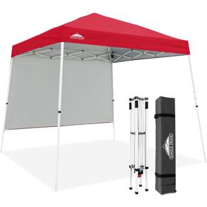 EAGLE PEAK 10x10 Pop Up Canopy Tent with Sidewall, Compact, Portable Slant Leg Instant Sun Shelter for Beach, Sports, & Camping, 10x10 Base 8x8 Top, Red