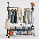 Rolling Clothes Drying Rack with Lockable Wheels, Heavy Duty Metal Laundry Drying Rack with 5 Hooks and 2-Tier Drying Shelves, Drying Rack Clothing for Indoor and Outdoor Use