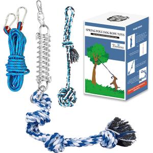 Spring Pole Rope Toys: Rope Pull & Tug of War with a Big Spring Pole Kit & 2 Strong 16ft Toys - Muscle Builder Interactive Toy for Pitbull Medium to Large Dog (Blue)