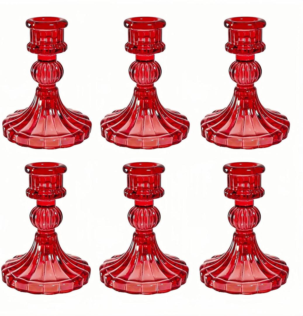 Glass Candlestick Holder,Striped Taper Candle Holders,Set of 6 Candle Stand for Table Centerpieces, Home Decor,Weddings,Festival and Parties (Red Stripe Pattern)