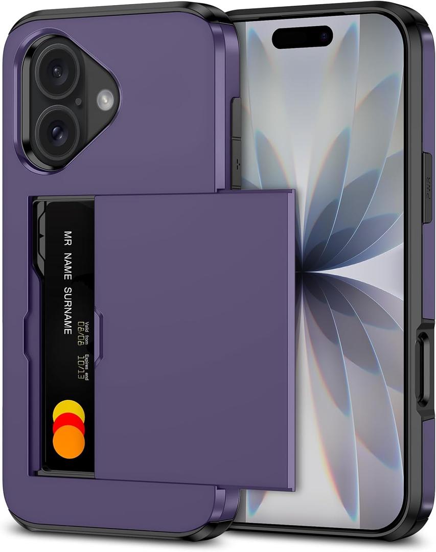 2 x SAMONPOW for iPhone 17 Phone Case with Card Holder iPhone 17 Wallet Case 6.3 inch Heavy Duty Protective Shockproof Dual Layer Hidden Card Slot Slim Cover for Women Men, Gray Purple