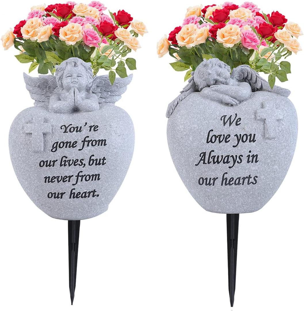 Angel and Cross Cemetery Grave Memorial Vases，Grave Decorations for Cemetery，Set of 2 Cemetery Memorial Vases with Removable Stakes,Memorial Gifts for Loss of Loved