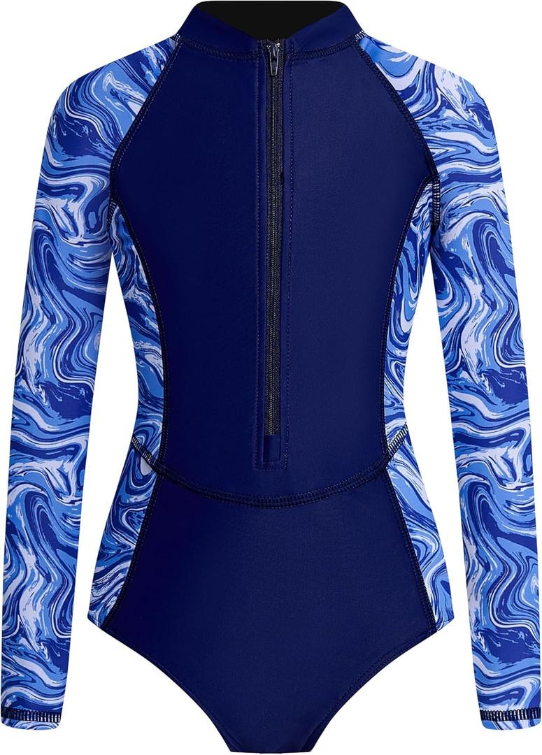 JiAmy Girl's One Piece Rashguard Swimsuit Long Sleeve Zipper UPF 50+ Sun Protection Bathing Suits Swimwear (Blue), Size: 5-6 Years