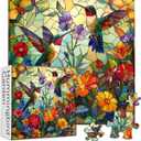 Stained Glass Puzzles for Adults 1000 Pieces, PICKFORU Colorful Flower Hummingbird Jigsaw Puzzles, Mosaic Bird Puzzles as Home Decor