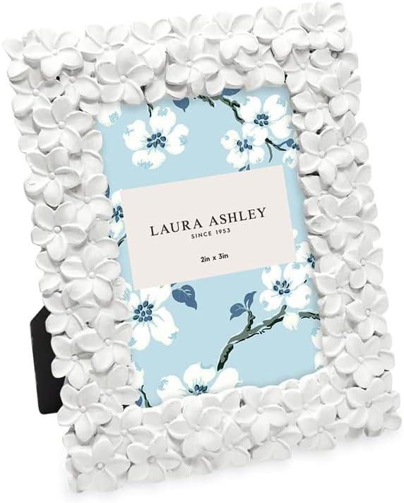 Laura Ashley 2x3 White Flower Textured Hand-Crafted Resin Picture Frame w/Easel & Hook for Tabletop & Wall Display, Decorative Floral Design Home Dcor, Photo Gallery, Art (2x3, White)