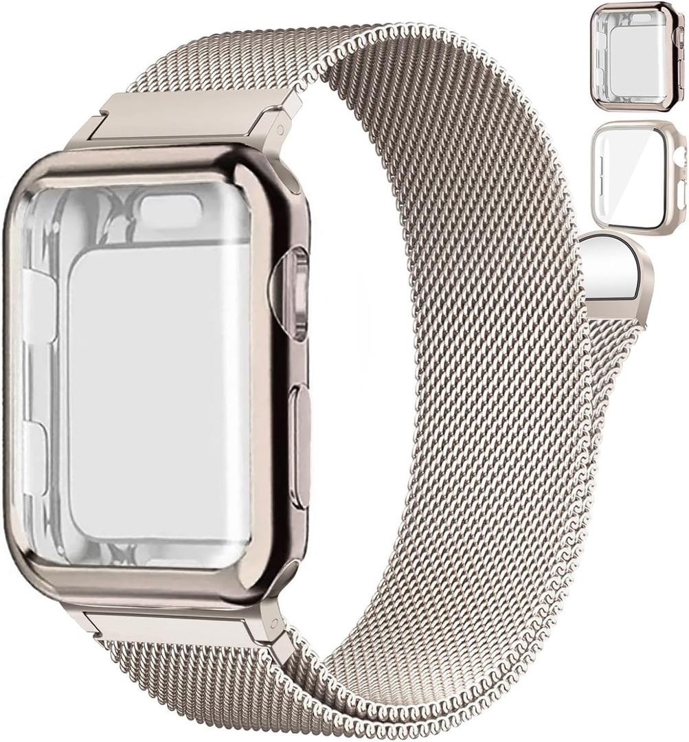 Magnetic Band and Case for Apple Watch Band Women/Men,Stainless Steel Milanese Loop Bracelet Strap with Cover Combo iWatch, 45mm- series 9 8 7, 03-Starlight